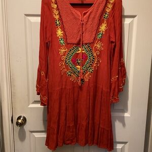 Embroidered Red Boho Dress